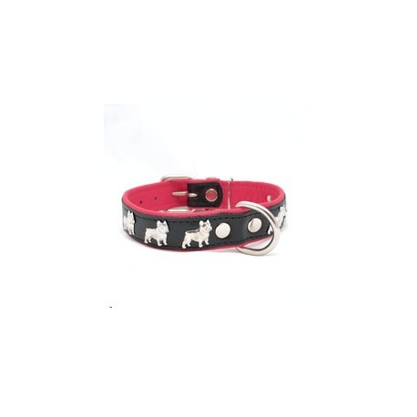 Collar de piel con diseño de bulldog francés negro y rosa